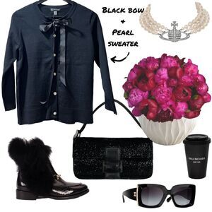 Black Bow & Pearl Button Cardigan